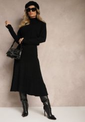 Czarny Dzianinowy Komplet w Tłoczony Wzór Sweter z Półgolfem i Rozkloszowana Spódnica Evaldira. Czarne swetry Renee, l, z aplikacjami, z dzianiny, eleganckie, bez ramiączek. W wyprzedaży za 119.99 zł.