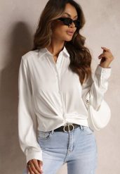 Biała Satynowa Koszula na Guziki Noccle. Białe koszule Renee, xl, bez wzorów, z satyny, eleganckie, bez kołnierzyka, bez ramiączek. W wyprzedaży za 41.99 zł.