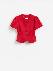 Żakiet z krótkimi rękawami - czerwony. Czerwone marynarki i żakiety Reserved, l, bez wzorów, z tkaniny, bez ramiączek. Za 159.99 zł.