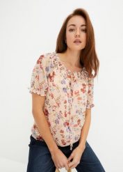 Bluzka w stylu tuniki z dekoltem carmen. Czerwone tuniki bonprix, bez wzorów, bez kołnierzyka, bez ramiączek. Za 114.99 zł.