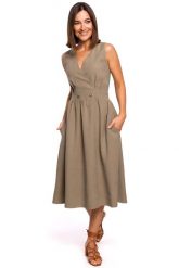 Letnia Sukienka z Podkreśloną Talią -Khaki. Brązowe sukienki MOE, l, bez wzorów, z materiału, bez kołnierzyka, bez ramiączek, rozkloszowane. Za 293.90 zł.