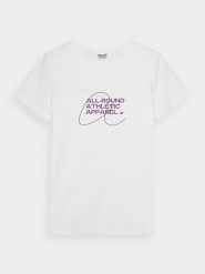 4F T-shirt slim z nadrukiem damski - biały M. Białe t-shirty 4f, m, bez wzorów, z bawełny, klasyczne, bez kołnierzyka, bez ramiączek. W wyprzedaży za 29.99 zł.