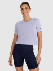 4F Koszulka treningowa crop-top szybkoschnąca damska - niebieska M. Niebieskie topy sportowe 4f, m, w ażurowe wzory, z materiału, na fitness i siłownię. W wyprzedaży za 99.99 zł.