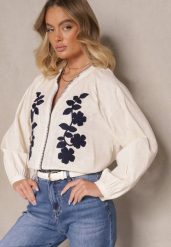 Beżowa Koszula z Bawełny o Kroju Oversize Ozdobiona Haftem w Kwiaty Felvesia. Brązowe koszule Renee, l, bez wzorów, z bawełny, eleganckie, bez kołnierzyka, bez ramiączek. W wyprzedaży za 91.99 zł.
