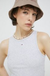 Tommy Jeans top damski kolor szary. Szare topy Tommy Jeans, l, bez wzorów, z bawełny, bez kołnierzyka, bez ramiączek. Za 159.99 zł.