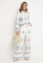 Biały Komplet z Wiskozy w Stylu Boho Koszula i Spodnie Zdobione Haftem Sarhiris. Białe koszule Born2be, l, z aplikacjami, z wiskozy, boho, bez kołnierzyka, bez ramiączek. Za 199.99 zł.