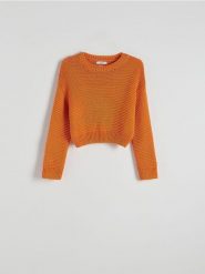 Sweter o strukturalnym splocie - pomarańczowy. Brązowe swetry Reserved, l, bez wzorów, z bawełny, bez ramiączek. W wyprzedaży za 49.99 zł.