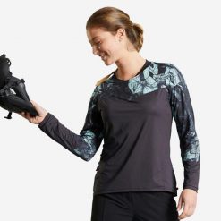 Bluza rowerowa damska Rockrider Expl 500 długi rękaw. Czarne bluzy bez kaptura ROCKRIDER, m, bez wzorów, z materiału, bez kaptura, rowerowe. Za 99.99 zł.