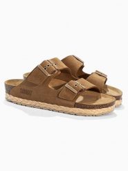 Sunbay Skórzane klapki "Trefle" w kolorze jasnobrązowym rozmiar: 38. Brązowe klapki Sunbay, bez wzorów, ze skóry, klasyczne, z otwartym noskiem, bez obcasa, bez zapięcia. Za 175.67 zł.