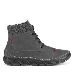 Botki Rieker. Szare botki Rieker, bez wzorów, bez obcasa, na płaskiej podeszwie, bez zapięcia. Za 279.00 zł.