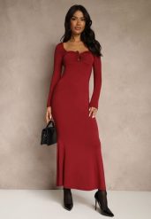 Bordowa Sukienka Koktajlowa z Wiskozą Ozdobiona Metaliczną Aplikacją Refane. Czerwone sukienki Renee, na imprezę, s, z aplikacjami, z wiskozy, bez kołnierzyka, bez ramiączek, maxi. Za 139.99 zł.