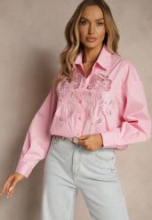 Różowa Koszula Oversize z Bawełny z Ażurowymi Zdobieniami z Motywem Kwiatowym Voesia. Czerwone koszule Renee, m, z aplikacjami, z bawełny, eleganckie, bez kołnierzyka, bez ramiączek. W wyprzedaży za 119.99 zł.
