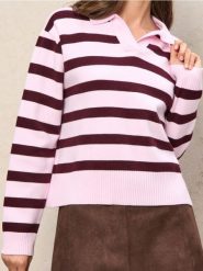 Sweter w paski z kołnierzykiem z wiskozą - różowy. Czerwone swetry Sinsay, l, bez wzorów, z wiskozy, bez ramiączek. Za 59.99 zł.