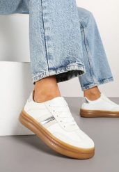 Białe Sneakersy Tenisówki z Metalicznym Paskiem Hanalie. Białe trampki Born2be, z aplikacjami, z jeansu, bez zapięcia. W wyprzedaży za 76.49 zł.