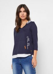 Bluza z kapturem z czystej bawełny, rękawy 3/4. Niebieskie bluzy bonprix, bez wzorów, z bawełny, bez ramiączek, z kapturem. Za 69.99 zł.