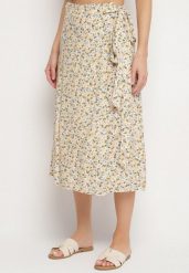 Beżowa Spódnica Wiązana w Pasie w Kwiatowy Print Ellivella. Brązowe spódnice Born2be, do pracy, bez wzorów, biznesowe, midi, koszulowe. Za 69.99 zł.