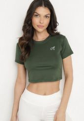 Ciemnozielony T-shirt Crop Top Ozdobiony Literką Koliviela. Zielone t-shirty Born2be, l, z aplikacjami, z jeansu, eleganckie, bez kołnierzyka, bez ramiączek. Za 39.99 zł.