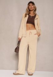 Beżowy Luźny Komplet Dresowy Szerokie Spodnie i Bluza z Kapturem Gossame. Brązowe bluzy Renee, m, bez wzorów, z dresówki, sportowe, bez ramiączek, z kapturem. W wyprzedaży za 67.99 zł.