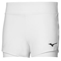 Spodenki tenisowe damskie Mizuno Flex Short. Białe szorty sportowe Mizuno, bez wzorów, z elastanu, do biegania. Za 79.99 zł.