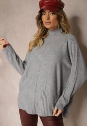 Jasnoszary Golf o Kroju Oversize z Eleganckim Cyrkoniowym Zdobieniem przy Dekolcie Melirra. Szare swetry Renee, na zimę, z aplikacjami, eleganckie, bez ramiączek. W wyprzedaży za 79.99 zł.