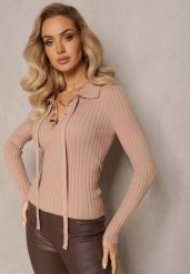 Beżowy Sweter z Wiskozy w Prążki Zdobiony Biżuteryjnymi Napami i Wiązaniem Pelema. Brązowe swetry Renee, z aplikacjami, prążkowane, casualowe, bez ramiączek. W wyprzedaży za 87.99 zł.