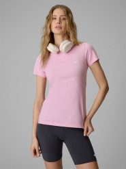 4F T-shirt slim gładki damski - różowy M. Czerwone t-shirty 4f, m, bez wzorów, z materiału, klasyczne, bez kołnierzyka, bez ramiączek. Za 49.99 zł.