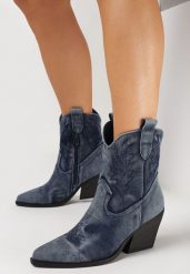 Niebieskie Botki Kowbojki na Słupku z Przeszyciami Fiberia. Niebieskie botki Born2be, bez wzorów, bez obcasa, na obcasie, bez zapięcia. W wyprzedaży za 127.49 zł.