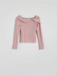 Dzianinowa bluzka z wiskozą - pastelowy róż. Czerwone bluzki Reserved, l, bez wzorów, z dzianiny, bez kołnierzyka, bez ramiączek. W wyprzedaży za 29.99 zł.