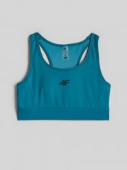 4F Biustonosz treningowy z niskim wsparciem damski - turkusowy M. Niebieskie biustonosze sportowe 4f, bez wzorów, z gumy, na fitness i siłownię. Za 99.99 zł.