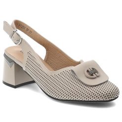 Czółenka damskie Vinceza, cholewka ze skóry naturalnej licowej z perforacją z broszką na eleganckim obcasie, beżowe, 99206. Brązowe czółenka VINCEZA, bez wzorów, ze skóry, eleganckie, bez obcasa, bez zapięcia. Za 189.00 zł.