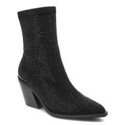 Czarne Botki Alma En Pena Eleganckie Obuwie Damskie Z Cyrkoniami. Czarne botki Alma En Pena, bez wzorów, z materiału, eleganckie, bez obcasa, bez zapięcia. Za 609.00 zł.
