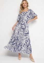 Granatowa Bawełniana Sukienka Rozkloszowana w Liście Alaniva. Niebieskie sukienki Born2be, na co dzień, l, bez wzorów, z bawełny, eleganckie, bez kołnierzyka, bez ramiączek, maxi, rozkloszowane. Za 69.99 zł.