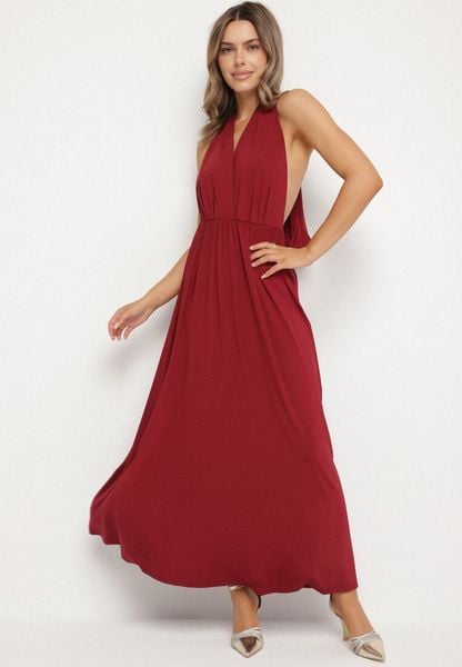 Bordowa Koktajlowa Sukienka Multiway z Wiskozą i Wiązaniem na Szyi Lilazza. Czerwone sukienki Born2be, na imprezę, l, bez wzorów, z wiskozy, wizytowe, bez kołnierzyka, bez ramiączek, rozkloszowane. Za 179.99 zł.