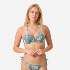 Góra kostiumu kąpielowego damska Decathlon Elena Numea. Brązowe bikini Decathlon, bez wzorów, z elastanu, sportowe. Za 79.99 zł.