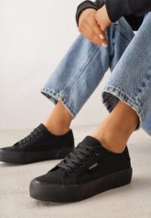 Czarne Trampki VICES z Napisem Rioselle. Czarne trampki Renee, bez wzorów, z dresówki, eleganckie, bez zapięcia. Za 69.99 zł.