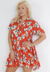 Pomarańczowa Rozkloszowana Sukienka w Kwiaty z Krótkim Rękawem i Falbanką Arelie. Brązowe sukienki Born2be, xl, bez wzorów, bez kołnierzyka, bez ramiączek, mini, rozkloszowane. W wyprzedaży za 34.99 zł.
