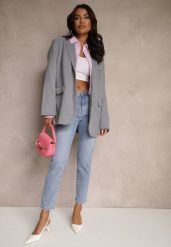 Jasnoniebieskie Jeansy High Waist o Kroju Mom Fit Delarinor. Niebieskie jeansy Renee, z aplikacjami, z bawełny, eleganckie, z podwyższonym stanem. W wyprzedaży za 107.99 zł.