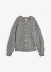 Sweter rozpinany z guzikami w kształcie serca. Szare swetry bonprix, bez wzorów, bez ramiączek. Za 124.99 zł.