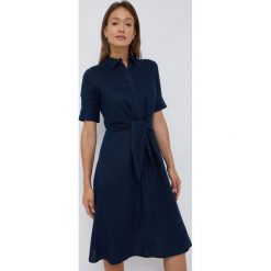 Lauren Ralph Lauren sukienka lniana 200831364004 kolor granatowy midi rozkloszowana. Niebieskie sukienki Lauren Ralph Lauren, bez wzorów, z tkaniny, bez kołnierzyka, bez ramiączek, midi, rozkloszowane. W wyprzedaży za 859.99 zł.