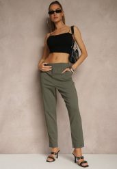 Ciemnozielone Spodnie z Wiskozą High Waist i Ozdobnymi Napami Redaira. Zielone jeansy Renee, l, z aplikacjami, z jeansu, eleganckie, z podwyższonym stanem. W wyprzedaży za 50.99 zł.