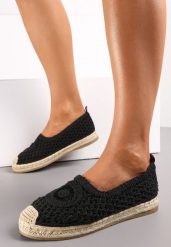 Czarne Espadryle na Plecionej Podeszwie z Ażurową Cholewką przed Kostkę Olloh. Czarne espadryle Renee, w ażurowe wzory, z jeansu, bez obcasa. W wyprzedaży za 83.99 zł.