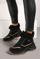 Czarne Trapery Sneakersy na Płaskiej Podeszwie Ozdobione Futerkiem i Metaliczną Wstawką Delaviel. Czarne traperki Renee, bez wzorów, z futra, casualowe, bez obcasa, na płaskiej podeszwie, bez zapięcia. W wyprzedaży za 119.99 zł.