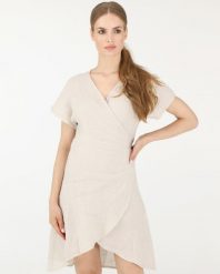 BEŻOWA SUKIENKA Z LNU. Brązowe sukienki Unisono, l, bez wzorów, z tkaniny, bez kołnierzyka, bez ramiączek, mini. Za 249.00 zł.