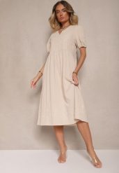 Jasnobeżowa Rozkloszowana Sukienka z Bawełny w Stylu Boho z Haftowanymi Zdobieniami Lannilsa. Brązowe sukienki Renee, na spotkanie biznesowe, l, z aplikacjami, z bawełny, boho, bez kołnierzyka, bez ramiączek, midi, rozkloszowane. W wyprzedaży za 111.99 zł.