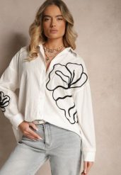Biała Koszula z Bawełny z Ozdobną Aplikacją z Kwiatami Frolreia. Białe koszule Renee, z aplikacjami, z bawełny, eleganckie, bez kołnierzyka, bez ramiączek. W wyprzedaży za 67.99 zł.