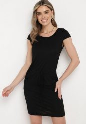 Czarna Sukienka z Krótkim Rękawem ze Ściągaczem w Talii Dolati. Czarne sukienki Born2be, na co dzień, l, bez wzorów, z jeansu, eleganckie, bez kołnierzyka, bez ramiączek, mini, proste. Za 69.99 zł.