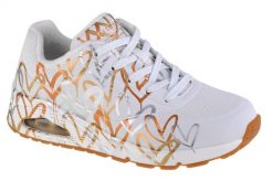 Buty do chodzenia sneakersy damskie Skechers Uno-Metallic Love. Białe buty treningowe Skechers, bez wzorów, z materiału, przed kostkę, bez zapięcia, trekkingowe. Za 349.99 zł.