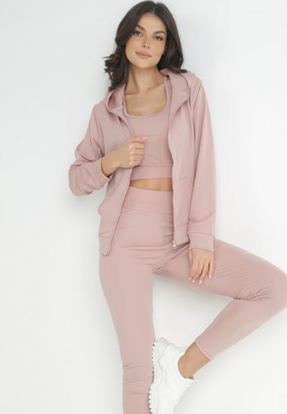 Jasnoróżowy Komplet Sportowy 3-częściowy Bluza Legginsy i Top Fika. Czerwone bluzy z kapturem Born2be, l, bez wzorów, z kapturem, trekkingowe. Za 79.99 zł.