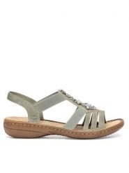 Rieker Sandały 60839-52 Zielony. Zielone sandały Rieker, bez wzorów, bez obcasa, na płaskiej podeszwie, bez zapięcia. Za 289.99 zł.
