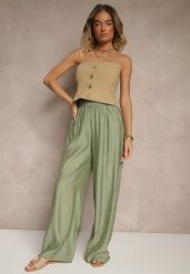 Zielone Spodnie Palazzo High Waist z Szeroką Nogawką i Gumką w Talii Jenarielis. Zielone jeansy Renee, bez wzorów, z jeansu, z podwyższonym stanem. W wyprzedaży za 56.99 zł.
